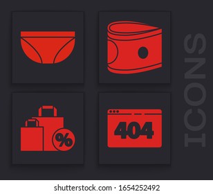 Establecer página con un error 404, ropa interior, pilas de dinero en papel y bolsa de compras con icono de descuento. Vector