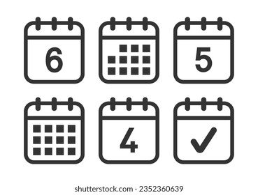 Conjunto de ilustración vectorial de icono de calendario de página.Días, icono de página de fecha y símbolo done.Calendar.