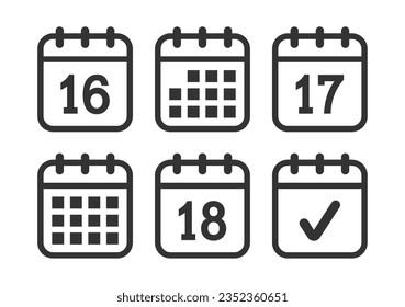 Set of page calendar icon vector illustration.Days, date page icon and mark done.Calendar symbol.