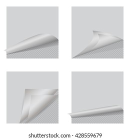 Set of Page curl with shadow on blank sheet of paper. White sticker. Element for advertising and promotional message isolated on transparent background Vector illustration for your design and business