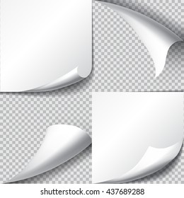 Set of page curls with shadow on transparent background.
Blank sheet of paper. White paper sticker. 
Element for advertising and promotional message. 
Vector illustration 
