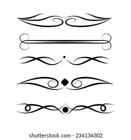 Set of page decoration line drawing design elements vintage dividers in black color. Vector illustration. Isolated on white background. Can use for birthday card, wedding invitations.