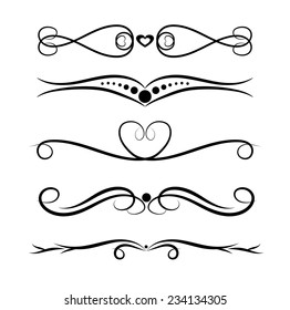 Set of page decoration line drawing design elements vintage dividers in black color. Vector illustration. Isolated on white background. Can use for birthday card, wedding invitations.