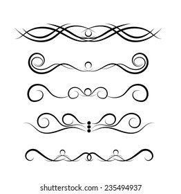 Set of page decoration line drawing design elements vintage dividers in black color. Vector illustration. Isolated on white background. Can use for birthday card, wedding invitations.