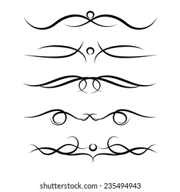 Set of page decoration line drawing design elements vintage dividers in black color. Vector illustration. Isolated on white background. Can use for birthday card, wedding invitations.