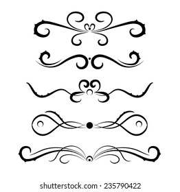 Set of page decoration line drawing design elements vintage dividers in black color. Vector illustration. Isolated on white background. Can use for birthday card, wedding invitations.