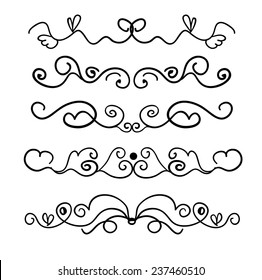 Set of page decoration line drawing design elements vintage dividers in black color. Vector illustration. Isolated on white background. Can use for birthday card, wedding invitations.