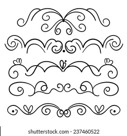 Set of page decoration line drawing design elements vintage dividers in black color. Vector illustration. Isolated on white background. Can use for birthday card, wedding invitations.