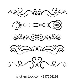 Set of page decoration line drawing design elements vintage dividers in black color. Vector illustration. Isolated on white background. Can use for birthday card, wedding invitations.