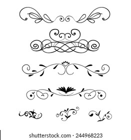 Set of page decoration line drawing design elements vintage dividers in black color. Vector illustration. Isolated on white background. Can use for birthday card, wedding invitations. 
