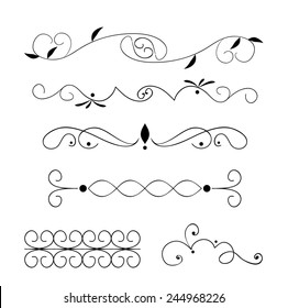 Set of page decoration line drawing design elements vintage dividers in black color. Vector illustration. Isolated on white background. Can use for birthday card, wedding invitations. 