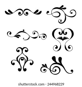 Set of page decoration line drawing design elements vintage dividers in black color. Vector illustration. Isolated on white background. Can use for birthday card, wedding invitations. 