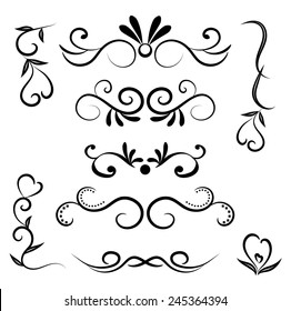 Set of page decoration line drawing design elements vintage dividers in black color. Vector illustration. Isolated on white background. Can use for birthday card, wedding invitations. 