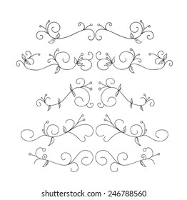Set of page decoration line drawing design elements vintage dividers in black color. Vector illustration. Isolated on white background. Can use for birthday card, wedding invitations. 