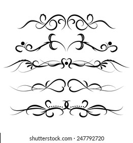 Set of page decoration line drawing design elements vintage dividers in black color. Vector illustration. Isolated on white background. Can use for birthday card, wedding invitations. 