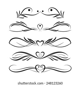 Set of page decoration line drawing design elements vintage dividers in black color. Vector illustration. Isolated on white background. Can use for birthday card, wedding invitations. 