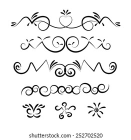 Set of page decoration line drawing design elements vintage dividers in black color. Vector illustration. Isolated on white background. Can use for birthday card, wedding invitations. 
