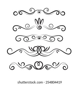 Set of page decoration line drawing design elements vintage dividers in black color. Vector illustration. Isolated on white background. Can use for birthday card, wedding invitations. 
