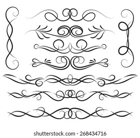 Set of page decoration line drawing design elements vintage dividers in black color. Vector illustration. Isolated on white background. Can use for birthday card, wedding invitations. 