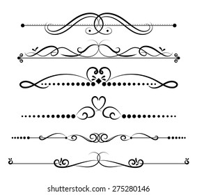 Set of page decoration line drawing design elements vintage dividers in black color. Vector illustration. Isolated on white background. Can use for birthday card, wedding invitations.