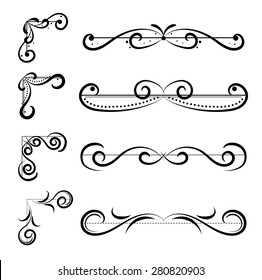 Set of page decoration line drawing design elements vintage dividers in black color. Vector illustration. Isolated on white background. Can use for birthday card, wedding invitations. 