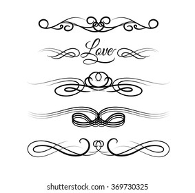 Set of page decoration line drawing design elements vintage dividers in black color. Vector illustration. Isolated on white background. Can use for birthday card, wedding invitations. 