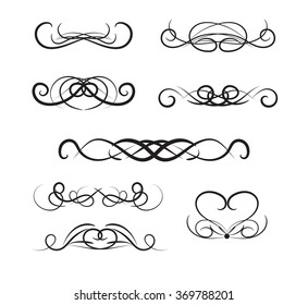 Set of page decoration line drawing design elements vintage dividers in black color. Vector illustration. Isolated on white background. Can use for birthday card, wedding invitations. 