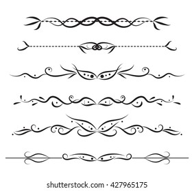 Set of page decoration line drawing design wedding elements vintage dividers in black color. Vector illustration. Isolated on white background. Can use for birthday card, wedding invitations. 