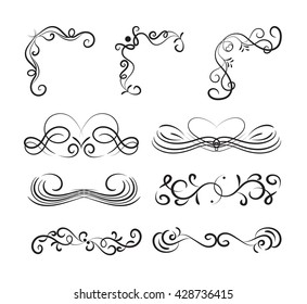 Set of page decoration line drawing design wedding elements vintage dividers in black color. Vector illustration. Isolated on white background. Can use for birthday card, wedding invitations. 