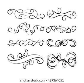 Set of page decoration line drawing design wedding elements vintage dividers in black color. Vector illustration. Isolated on white background. Can use for birthday card, wedding invitations. 