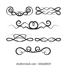 Set of page decoration line drawing design wedding elements vintage dividers in black color. Vector illustration. Isolated on white background. Can use for birthday card, wedding invitations. 