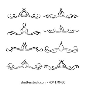 Set of page decoration line drawing design wedding elements vintage dividers in black color. Vector illustration. Isolated on white background. Can use for birthday card, wedding invitations. 