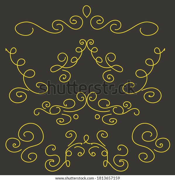 Set of page decoration line drawing design\
elements vintage dividers in gold\
color.