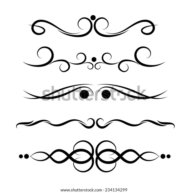 Set of page\
decoration line drawing design elements vintage dividers in black\
color. Vector illustration. Isolated on white background. Can use\
for birthday card, wedding\
invitations.