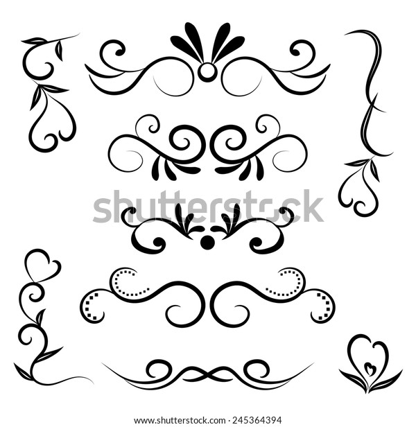 Set of page\
decoration line drawing design elements vintage dividers in black\
color. Vector illustration. Isolated on white background. Can use\
for birthday card, wedding invitations.\
