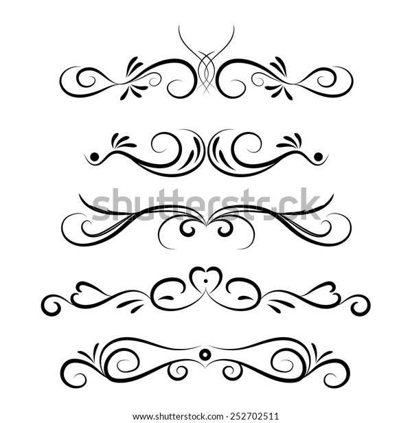 Set of page
decoration line drawing design elements vintage dividers in black
color. Vector illustration. Isolated on white background. Can use
for birthday card, wedding invitations.
