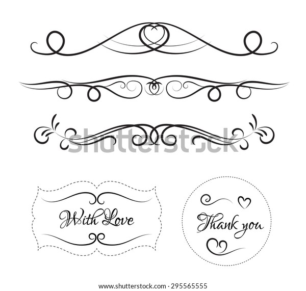 Set of page\
decoration line drawing design elements vintage dividers in black\
color. Vector illustration. Isolated on white background. Can use\
for birthday card, wedding invitations.\
