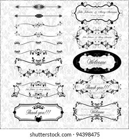 Set of page decoration with retro elements. Flourishes Calligraphic ornaments and frames. Design Collection for banner, greeting card, invitation, poster, book, placard, badge and logotype, vector