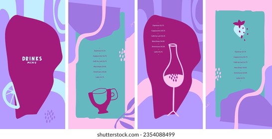 A set of page designs for the drinks menu. Lines, dots, abstract organic fluid shapes. For a restaurant or bar by the pool under the open sky or the beach. Vector illustration. List, booklet, flyer.