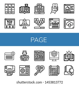 Set of page icons such as File, Website, Book, Contact information, Viral, Online order, Web, Folder, Calendar, Multifunction printer, Reading, News, Checklist, Code, Schedule , page