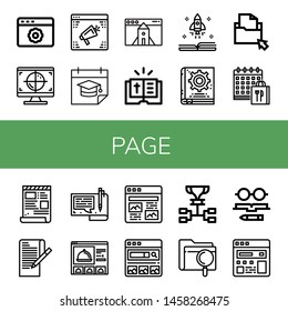 Set of page icons such as Website, Cmyk, Calendar, Bible, Book, Manual book, Folder, Script, Paper, File, Article, Search engine, Schedule, Knowledge , page