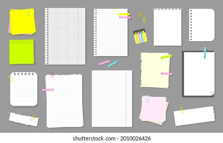 Set of page, sheet, blank, sticker, letterheads, paper, note, sticky notepaper on grey background. Set for notes, records, reminders, messages, office notice, comments. Vector illustration