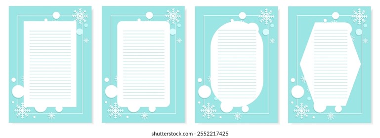 Set of page templates on light blue background with white snowflakes and New Year's stars.  Applicable for notebooks, planners, brochures, books, catalogs, notepads, diaries. Vector illustration