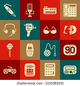 Set Pager, 90s Retro, Vinyl disk, Music synthesizer, cinema camera, Headphones, Fountain pen nib and Glasses icon. Vector
