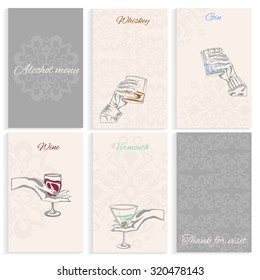 Set pages for alcohol menu on light background man and woman's hand holding glass whiskey, wine, vermouth, gin. Hand-drawn design element. Engraving style. Vector illustration