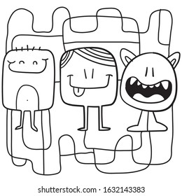 Set of pages for children's coloring book with cute monsters. White pages with contour monsters.