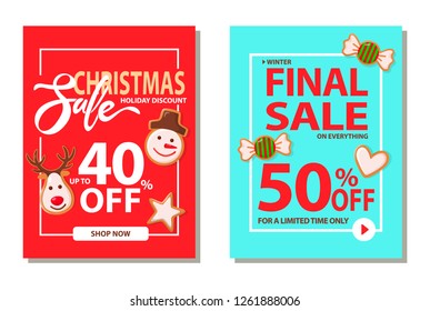 Set of pages with Christmas final sale and holiday discount on everything. Card with cookie head of snowman and deer, star and sweet with heart vector