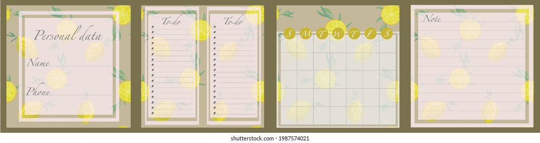 A set of pages for a daily diary with watercolour lemons. Picture, postcard, wallpaper, poster, sticker, banner, background, cover, image, logo, pattern.
