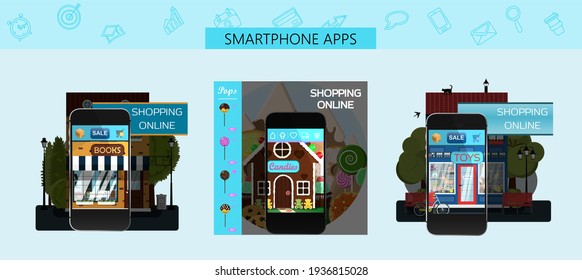 A set of pages for mobile app stores. Vector cartoon illustration. Ads for an online candy store, toy store, and bookstore. Smartphone screen with the image of the facade of a store. Buying goods from