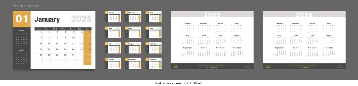 Conjunto de Páginas Calendario Mensual Planificador Plantillas en 2025, anual en 2025, 2026. Maqueta de Vector de un calendario de pared o de sobremesa con la semana que comienza el lunes para imprimir. Página para el tamaño A4-21x29.7cm